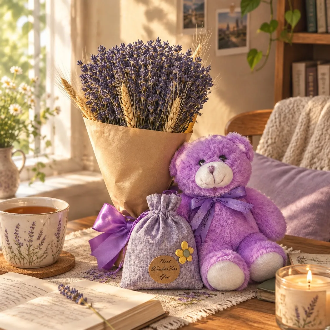 Bó oải hương gói kraft cùng gấu bông tím và túi thơm lavender
